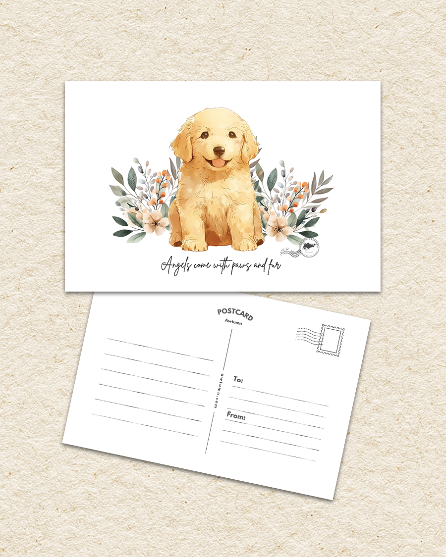 Postcard with a golden puppy illustration and floral elements on a beige background