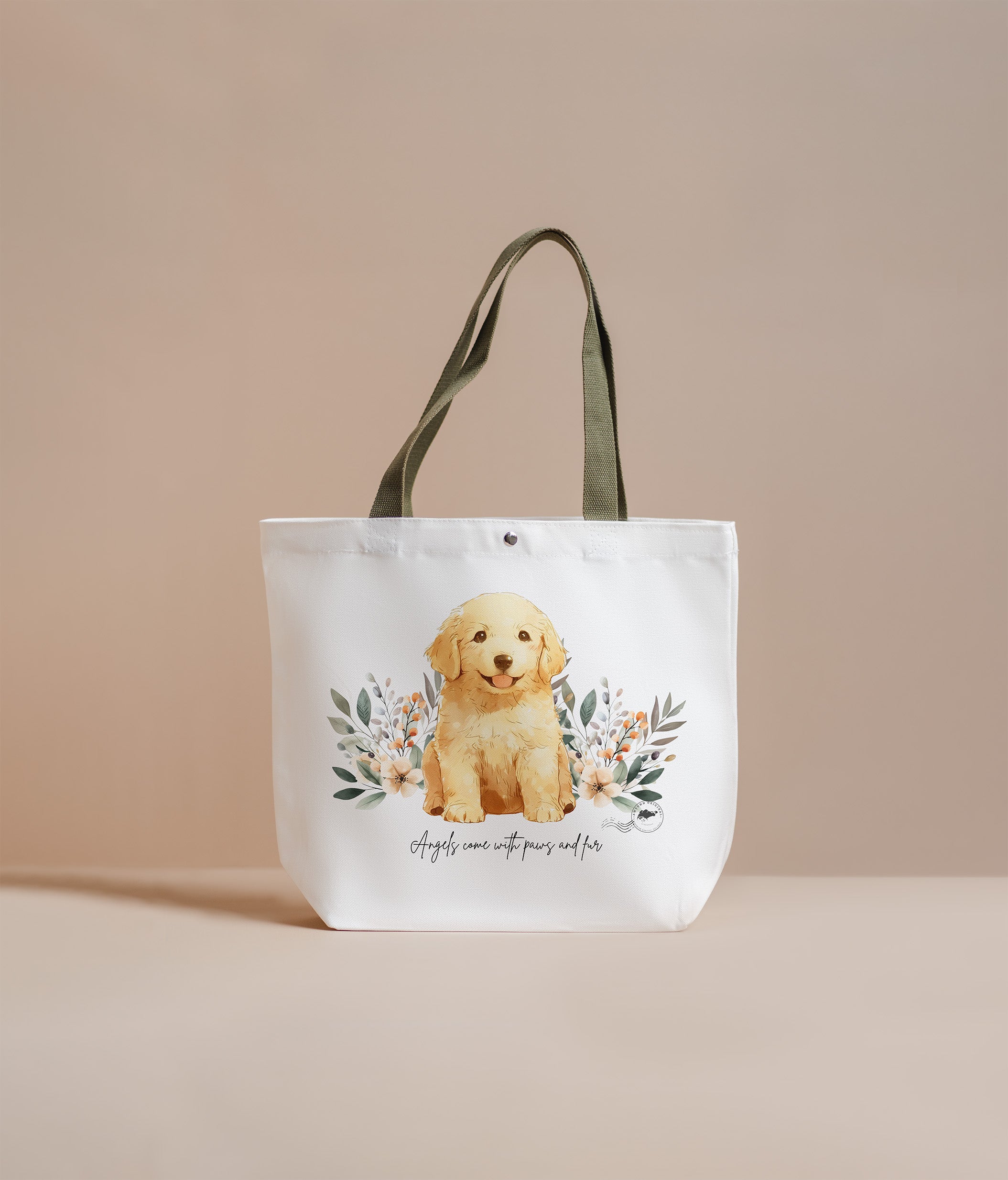Tote bag with a puppy illustration and floral design on a beige background