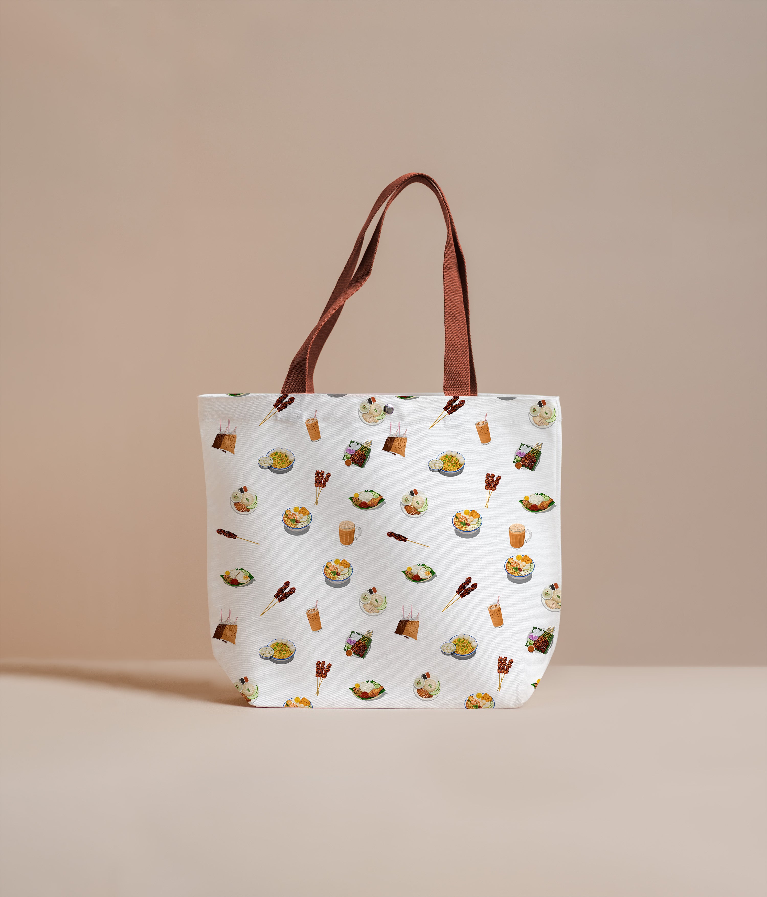 Tote bag with Singapore Local food pattern on a beige background