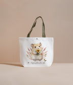 Tote bag with a hamster design and text on a beige background