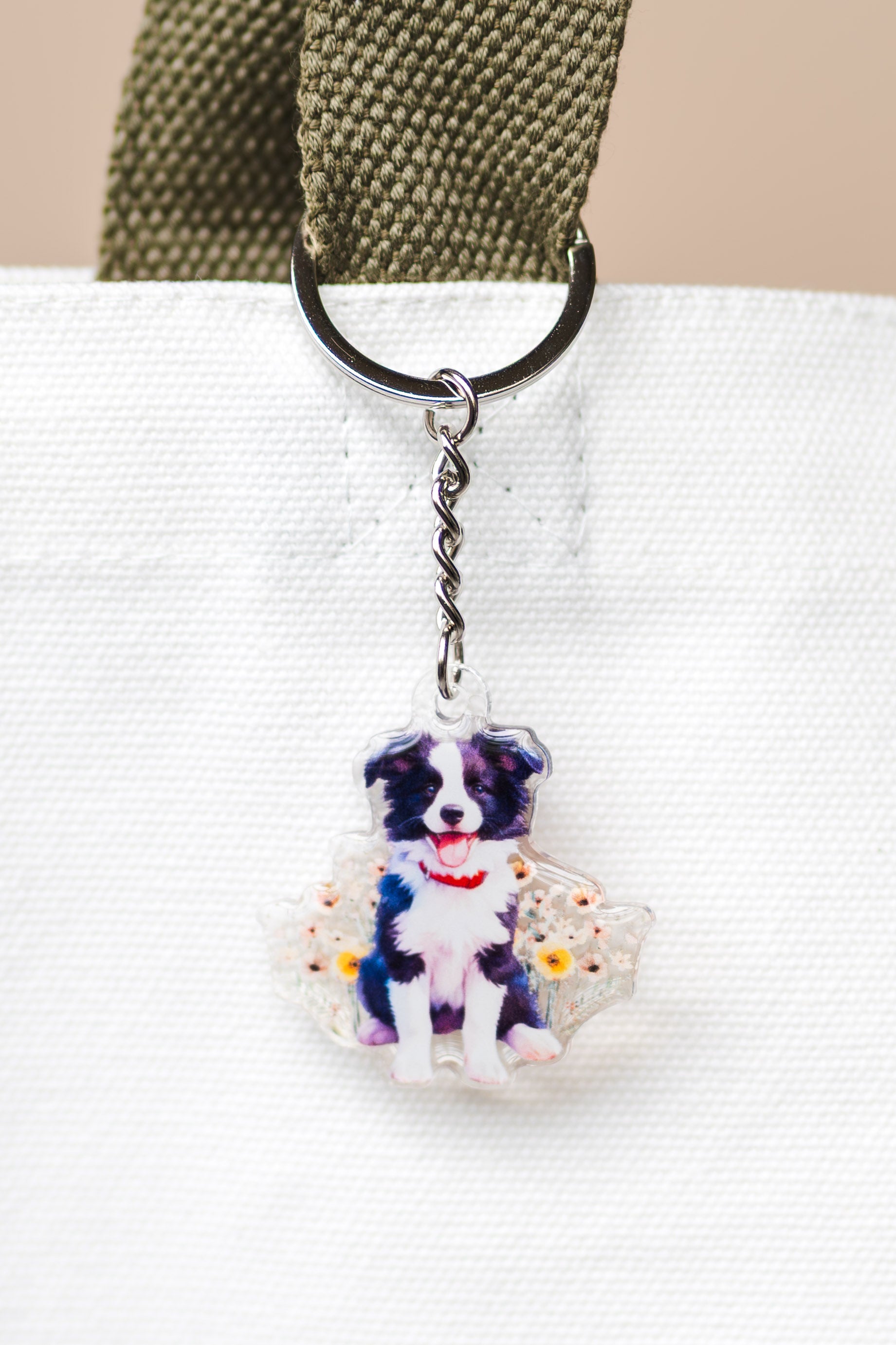 Border Collie Dog Acrylic Keychain | Epoxy Coated on a white background