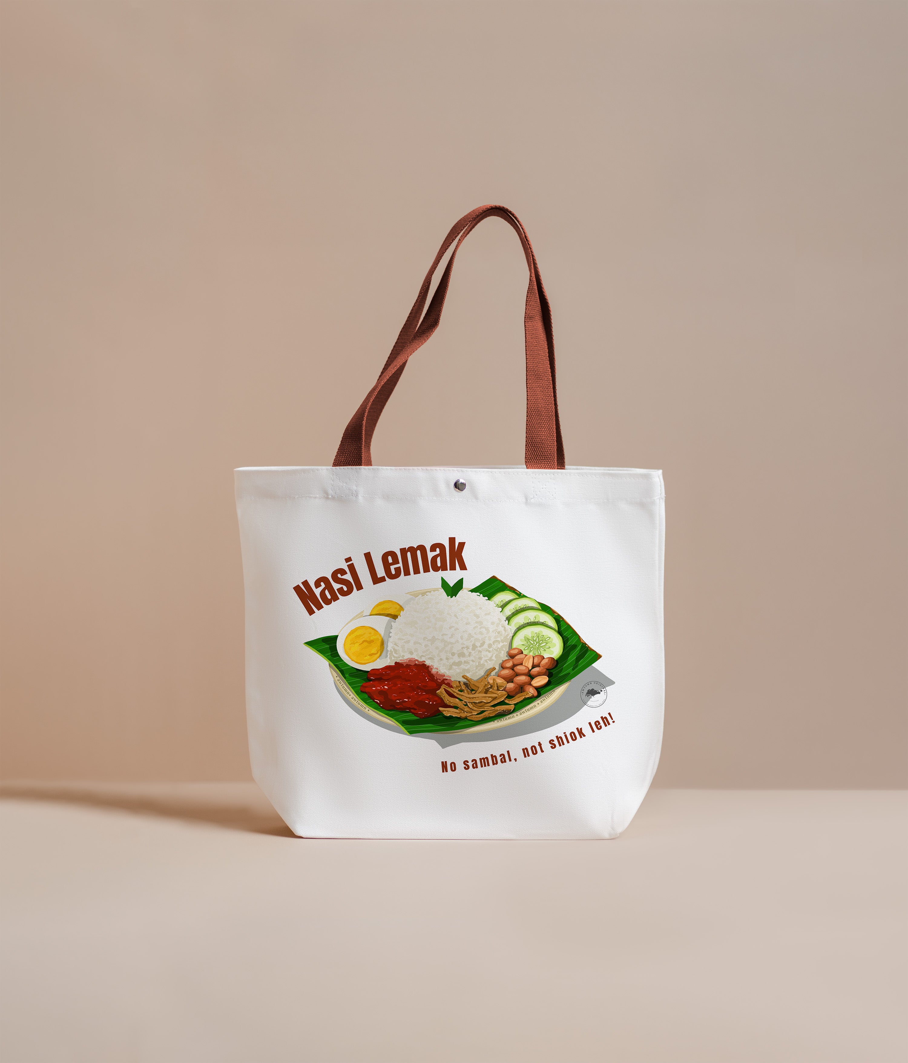 Tote bag with Nasi Lemak design on a beige background
