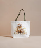 Tote bag with otter design and text on a beige background