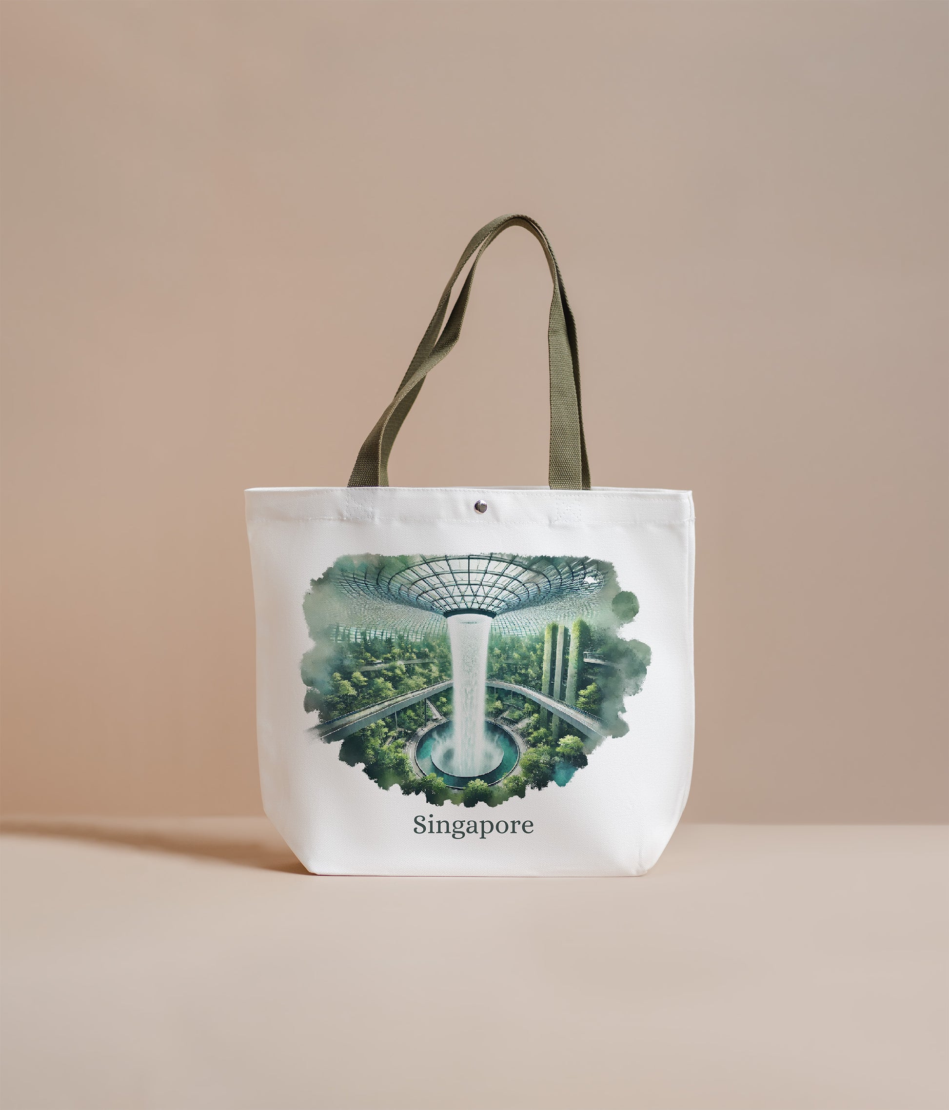 Tote bag with an inspired design of Singapore's Jewel Vortex on a beige background