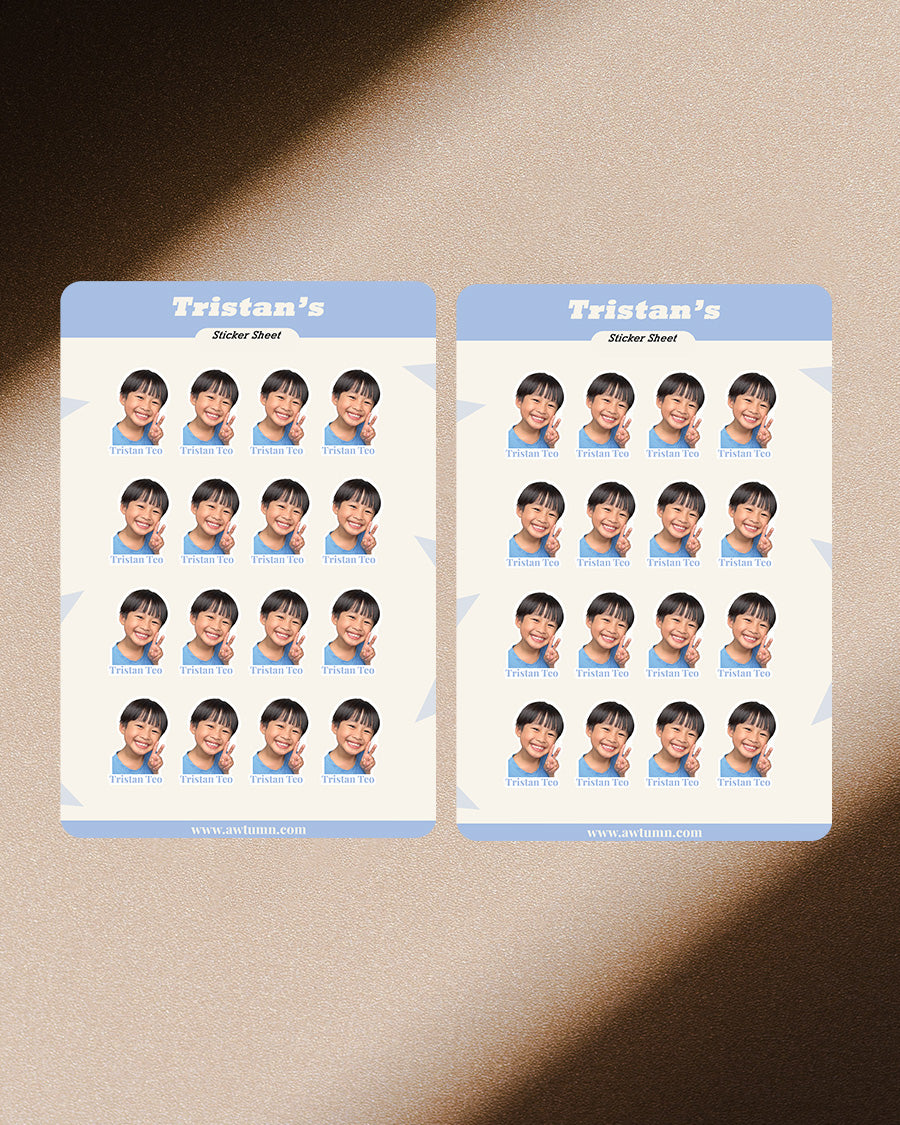 Two sheets of personalized stickers with a child's photo and name on a textured surface.