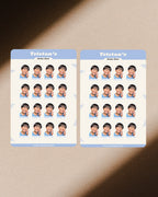Two sheets of personalized stickers with a child's photo and name on a textured surface.