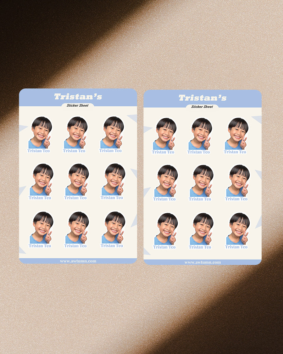 Two sheets of personalized stickers with a child's photo and name on a textured surface.