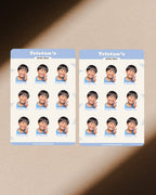 Two sheets of personalized stickers with a child's photo and name on a textured surface.