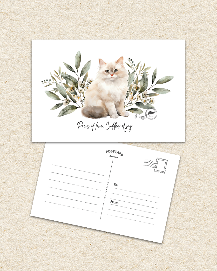 Postcard with a cat illustration and greenery on a beige background