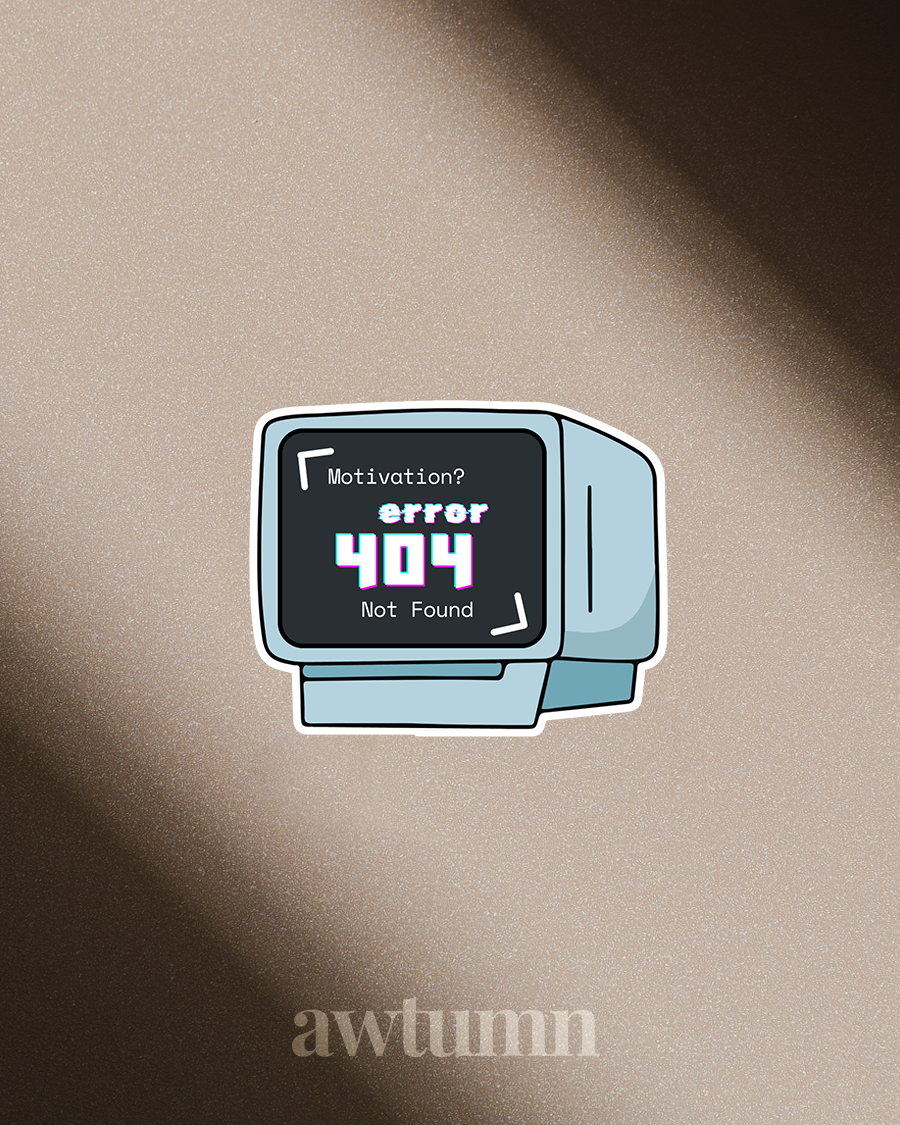 Sticker of a vintage computer monitor with 'error 404 Not Found' text on a beige background, branded 'awtumn'.