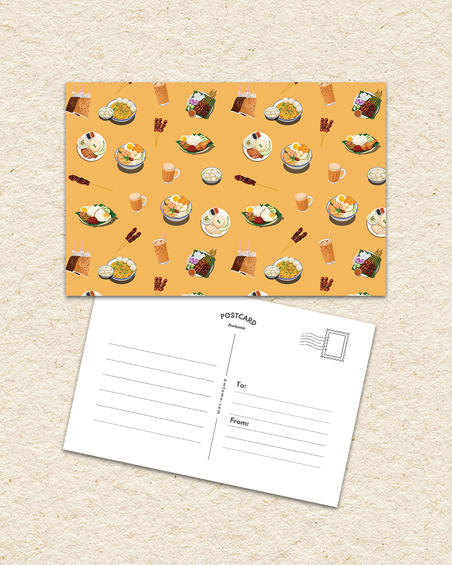 Postcard with Singapore Hawker food and drink illustrations on a beige background
