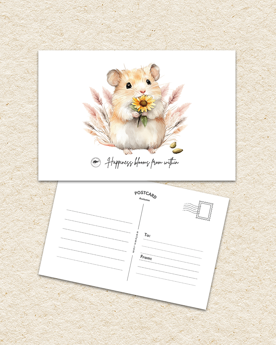 Postcard with a hamster holding a sunflower on a beige background