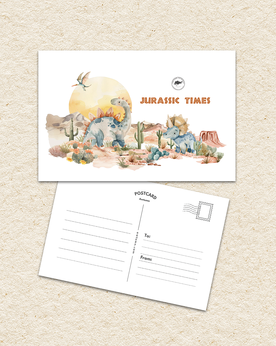 Postcard with dinosaur illustration titled 'Jurassic Times' on a beige background
