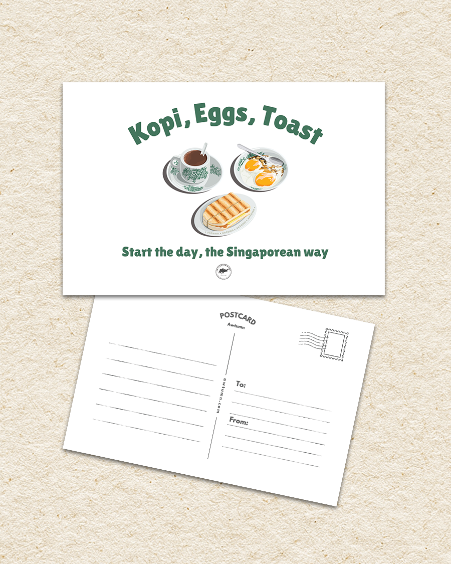 Postcard with 'Kopi, Eggs, Toast' text and illustrations on a beige background