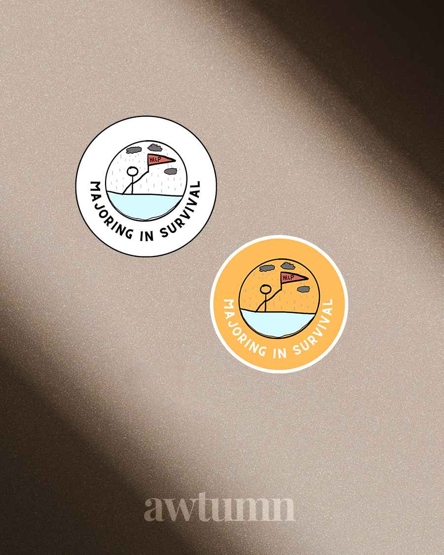 Two 'Majoring in Survival' stickers on a beige background with 'awtumn' branding.