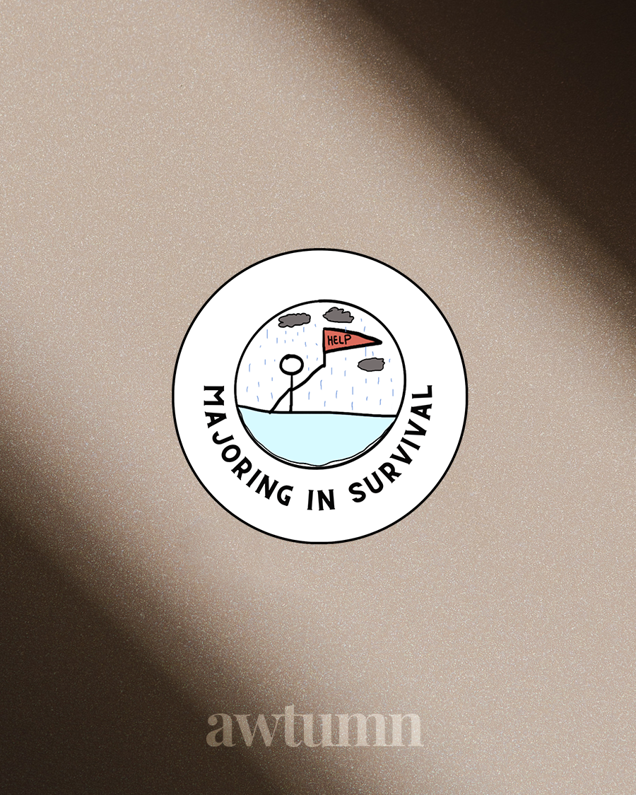 Circular sticker with a stick figure and text 'Majoring in Survival' on a beige background, with 'awtumn' branding.