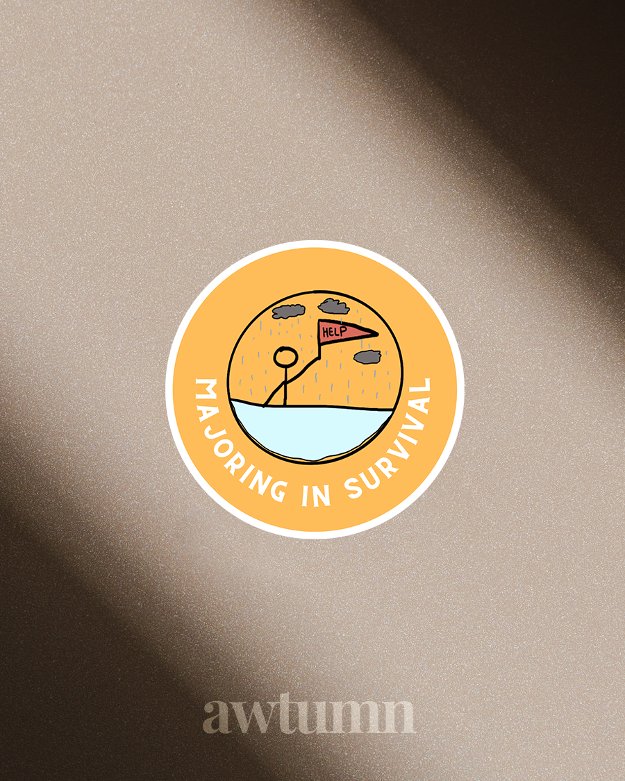Sticker with 'Majoring in Survival' design on a beige background, featuring the brand 'awtumn'.