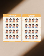 Two sheets of personalized stickers with a child's face on a beige background