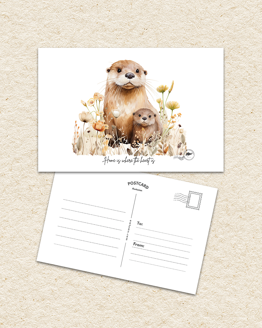 Postcard with two otters surrounded by flowers on a beige background