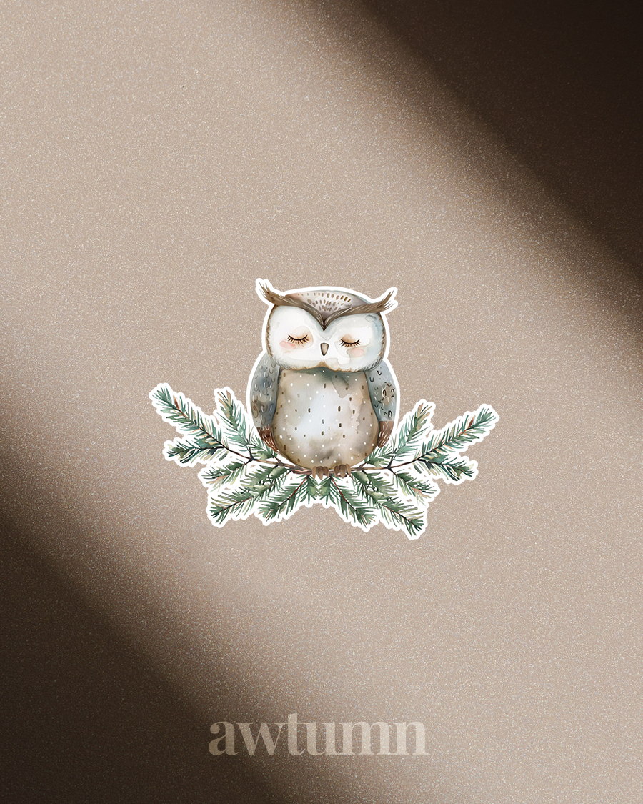 Illustration of an owl on a branch with leaves, set against a beige background with 'awtumn' text.