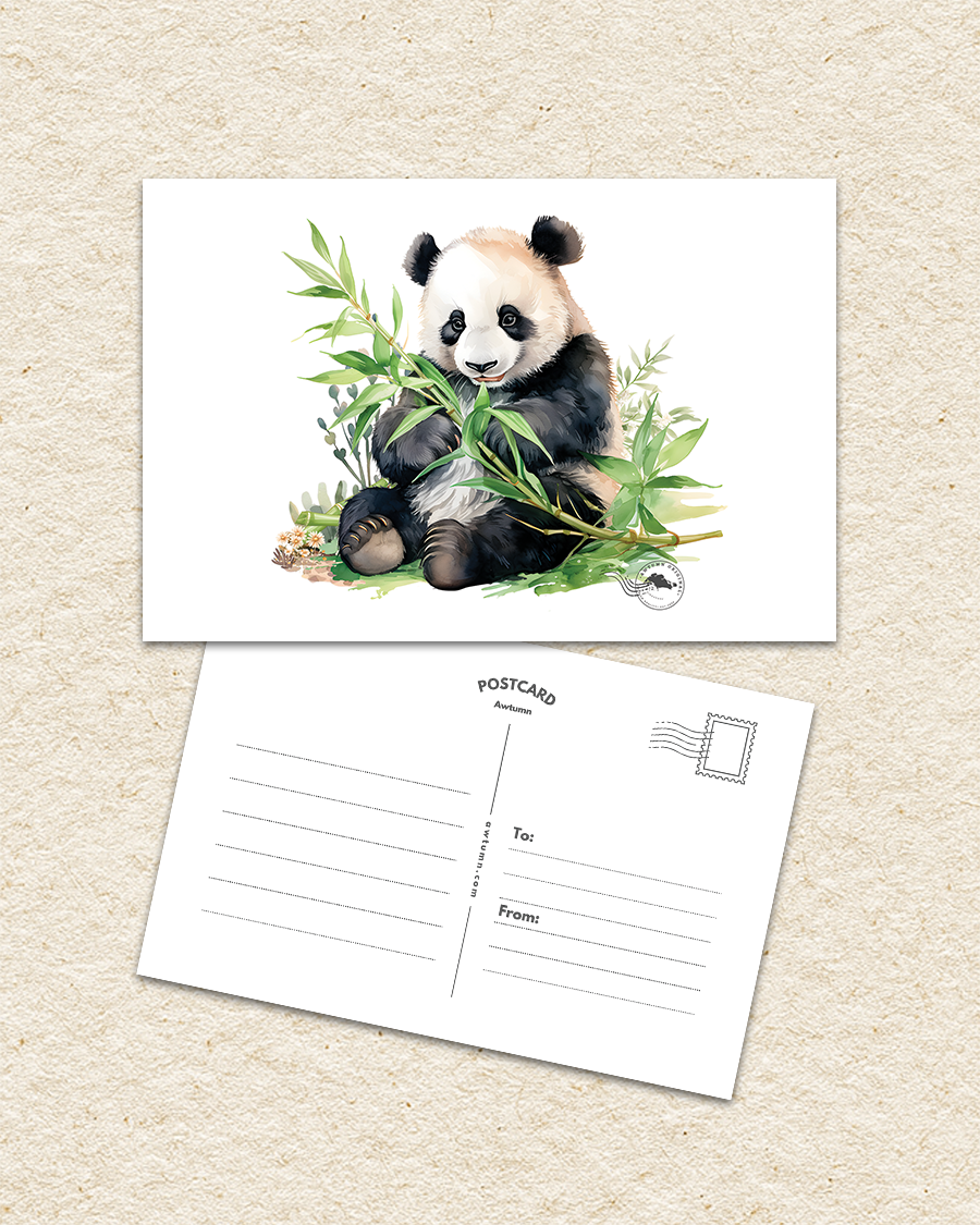 Postcard with a panda design on a beige background