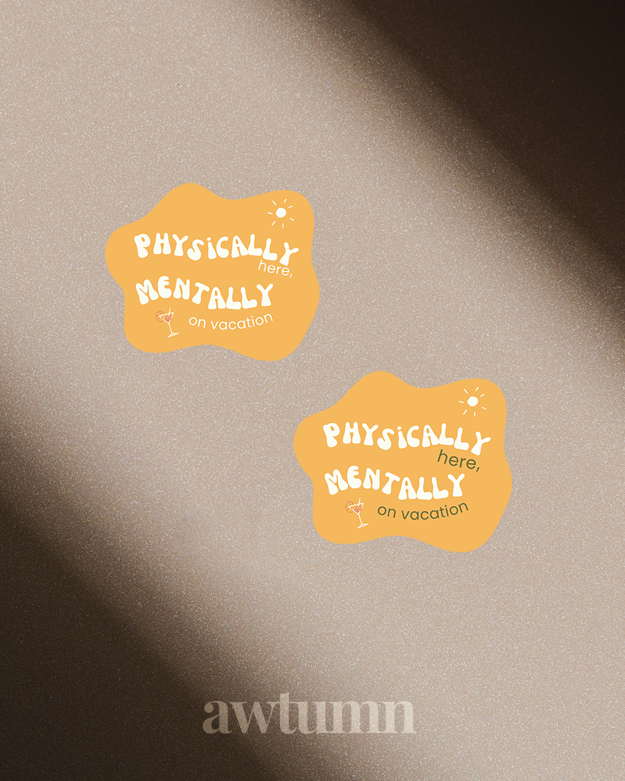 Two orange stickers with text on a beige background